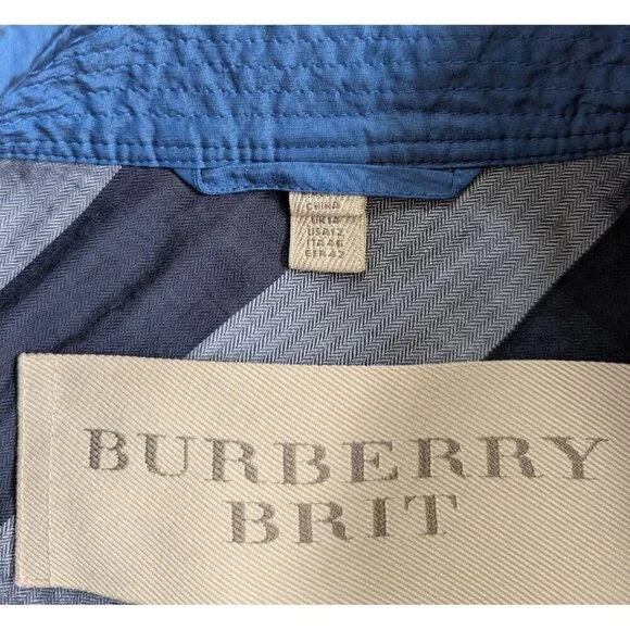 Burberry Brit Blue Women’s Sz 12 Double Breasted Short Trench Coat Lightweight - Picture 16 of 16